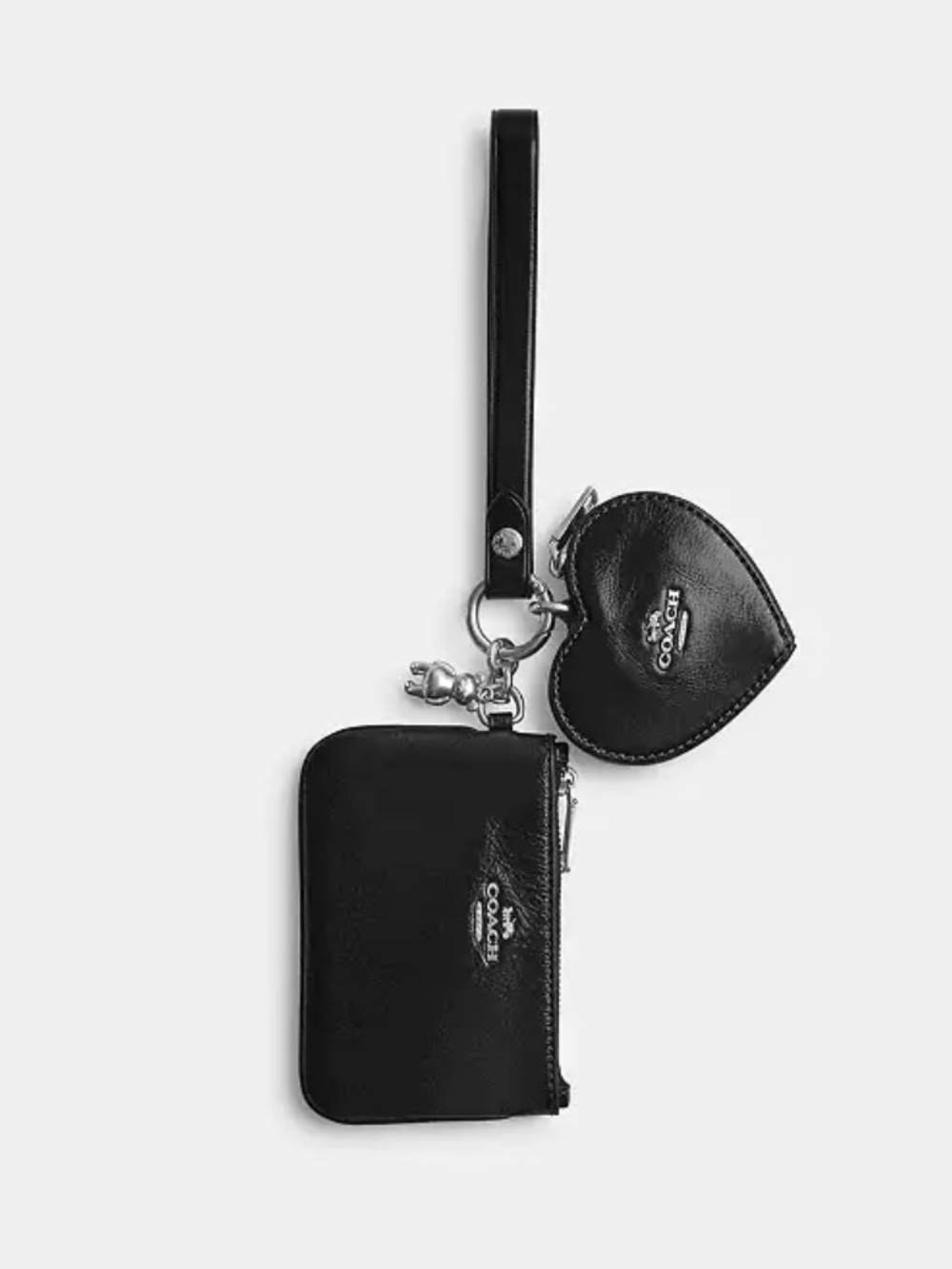 Coach Black Leather Wristlet with Heart Pouch and Charm